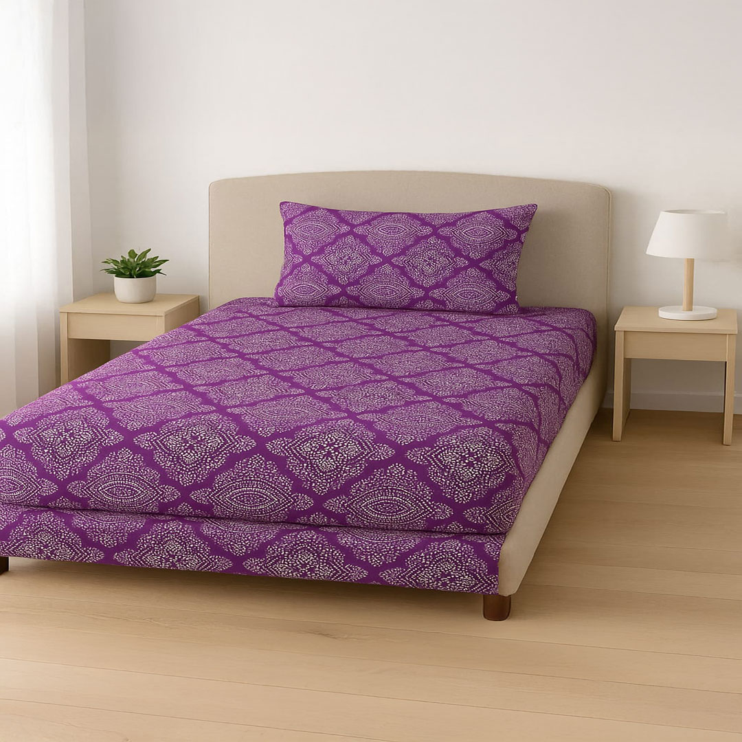 Single-Purple-Dot-Diamond-Print-Bedsheets-Set---144-TC-100%-Cotton-1 Single Purple Dot Diamond Print Bedsheets Set - 144 TC 100% Cotton - Image 1