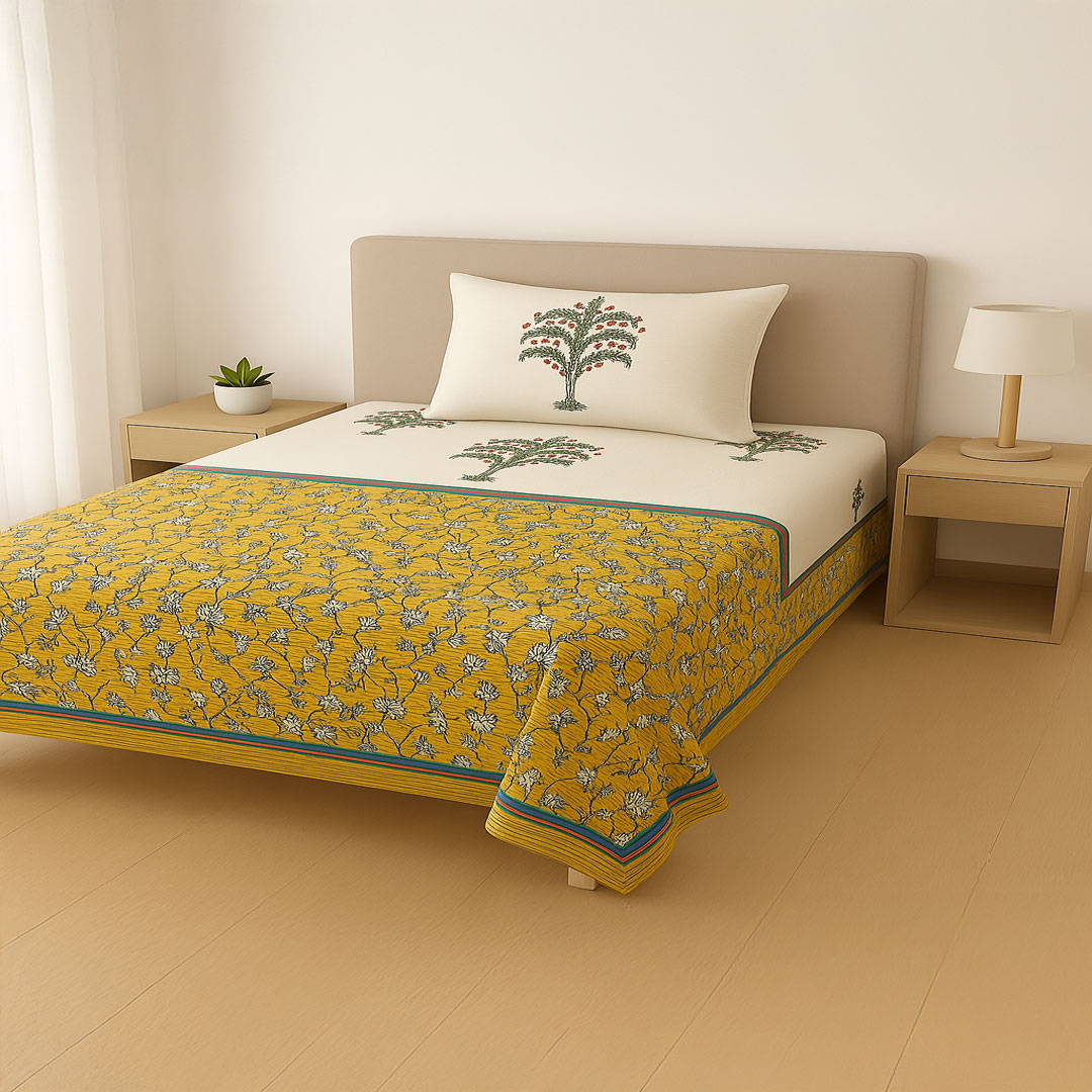 VAA-Single-Marigold-Grove-Print-Bedsheet-Set--1 Single Marigold Grove Print Bedsheet Set – 144 TC 100% Cotton - Image 1