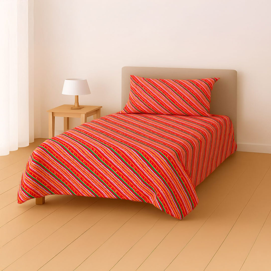 VAA-Single-Red-Fiesta-Stripes-Print-Bedsheet-Set-1 Single Red Fiesta Stripes Print Bedsheet Set – 144 TC 100% Cotton - Image 1