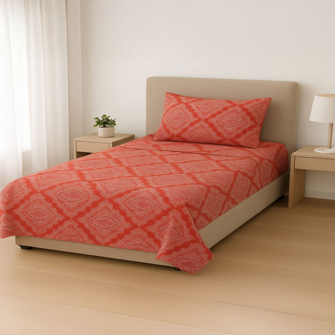 VAA-Single-Red-Ornate-Harmony-Print-Bedsheet-Set-1 Single Red Ornate Harmony Print Bedsheet Set – 144 TC 100% Cotton - Image 1