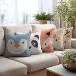 VAA Satin Digital Print Cushion Cover | Happy Animal Friends - Set Of 5