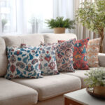 VAA Satin Digital Print Cushion Cover | Peach Garden Bloom - Set Of 5