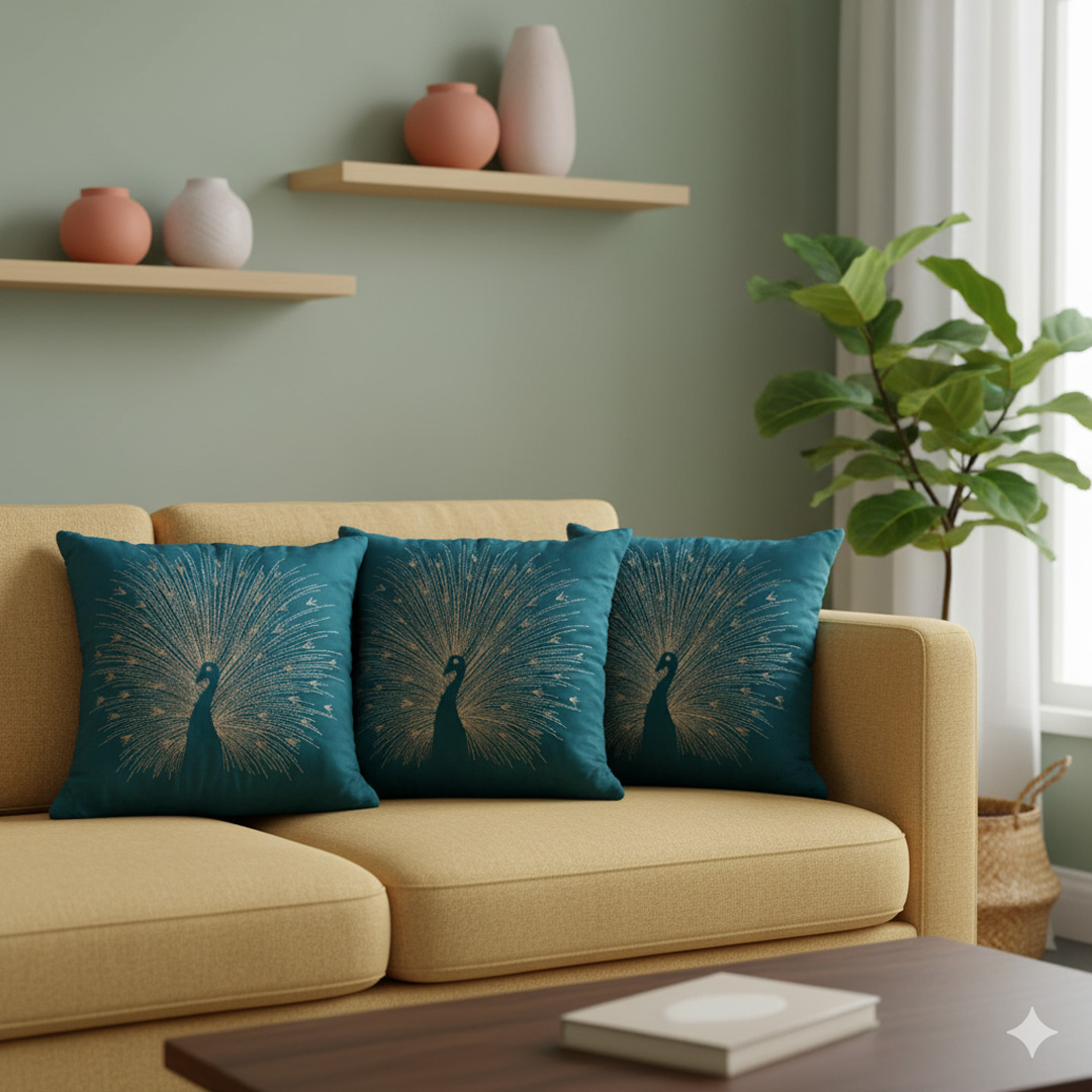 Peacock-Splendor---Green---Set-Of-3-01 VAA Peacock Splendor Cushion Cover - Set of 3 - Image 1